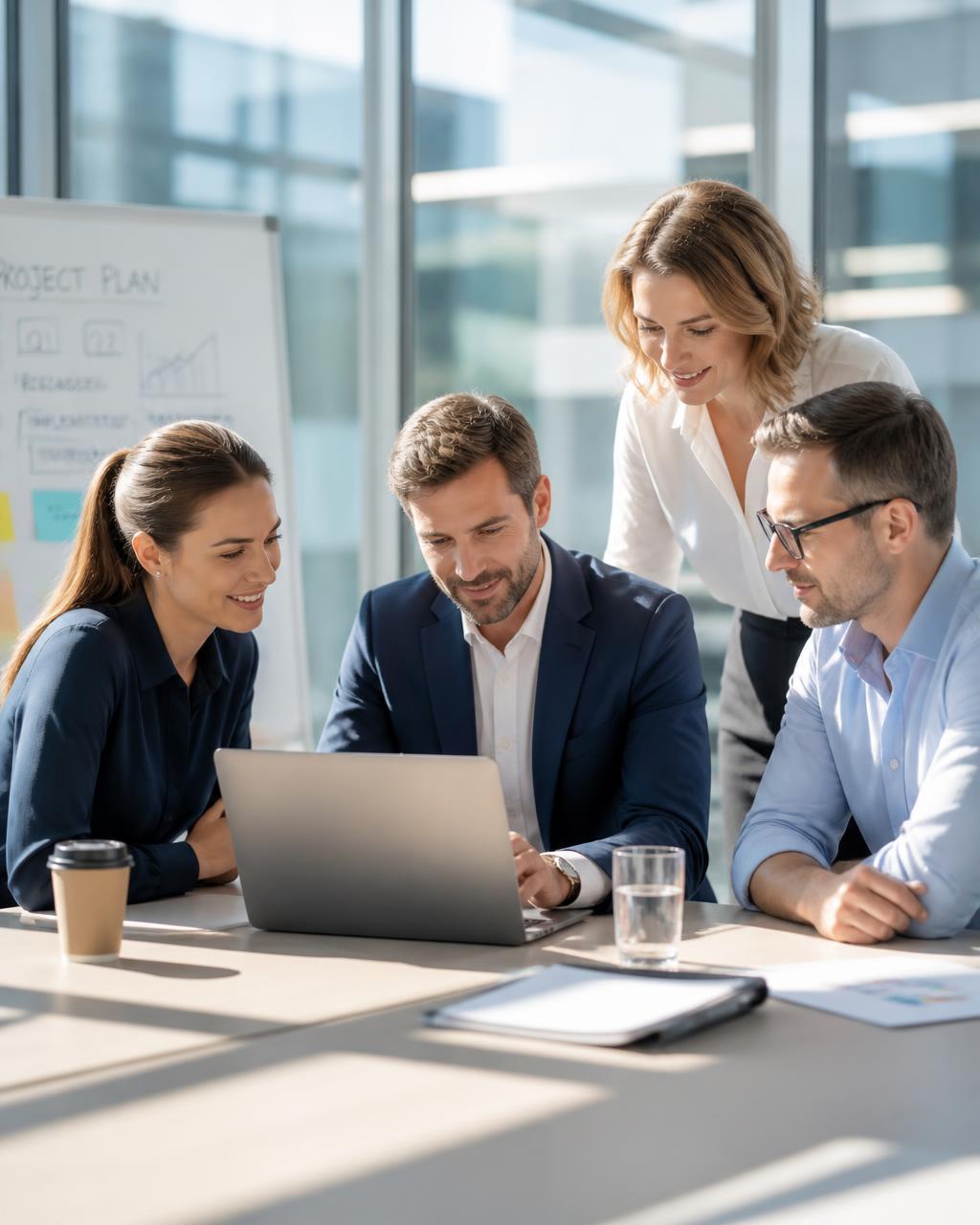 Equipo de consultoría revisando un plan de negocio en una oficina moderna